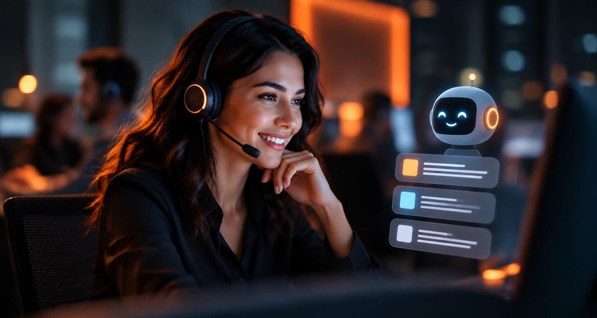 Agent working alongside an AI assistant showing suggestions on screen